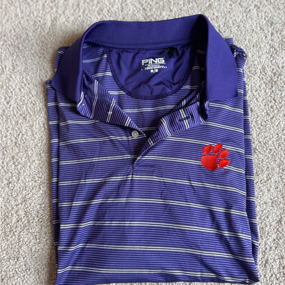 PING Men’s Purple Striped Polo with Clemson Logo